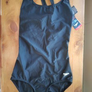SPEEDO 8-L Black Ultraback Swimsuit / SPORTI Black Silicone Cap ~ Both NWT